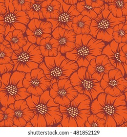 Seamless pattern with orange poppies and dark lines