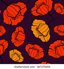Seamless pattern with orange poppy flowers