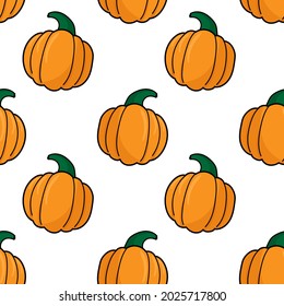 Seamless pattern with Orange pumpkin for Autumn halloween greeting, vegetable graphic icon or print. Vector illustration in bright colors