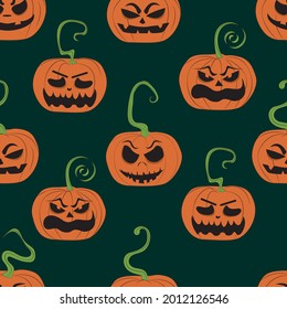 Seamless pattern orange pumpkin head with creepy faces. Halloween background
