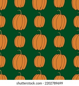 Seamless pattern with orange pumpkin on dark green background. Vector image.
