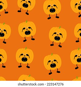 Seamless pattern with orange pumpkin on two black legs with eyes full of fear partly closed by its hands, black nose, crying with its mouth full of sharp teeth isolated on bright orange background