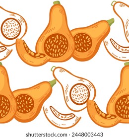 Seamless pattern of orange pumpkin seasonal vegetable vector illustration on white background