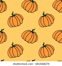 Seamless pattern of orange pumpkins. Background and texture. Symbol autumn, crop, fruitful year, thanksgiving day. Hand drawn vector EPS10 outline illustration, isolated