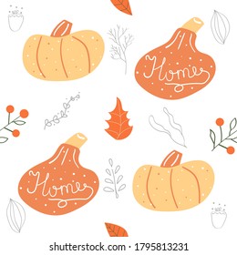 Seamless pattern of orange pumpkins and floral elements. Flat illustration. Halloween, autumn, cozy home design. 
