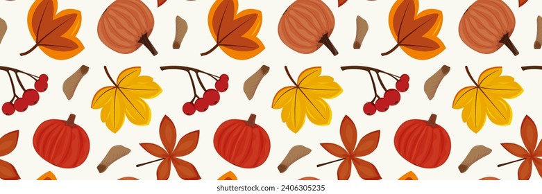 Seamless pattern with orange pumpkins and leaves. Isolated on white background. Design of wallpaper, wrapping paper, bedding, cover.