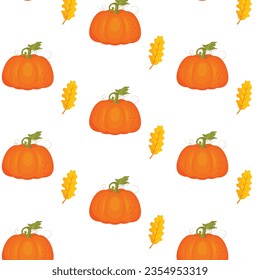  Seamless pattern of orange pumpkins and oak leaves on white background Textile surface design illustration for wrapping paper, greeting cards, banners, greeting cards