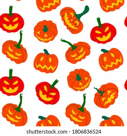  Seamless pattern of orange pumpkins on a white background. Vector illustration drawn by hands. Design of packaging, advertising, banners, textiles