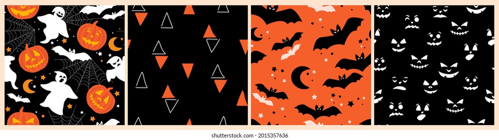 Seamless pattern of orange pumpkins on a black background, simple shapes, bat, moon, ghost, stars. Autumn decoration for the Halloween holiday. Vector illustration.