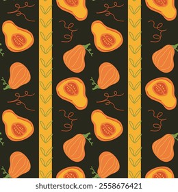 Seamless pattern of orange pumpkins on dark background with vertical stripes.