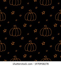 Seamless pattern with orange pumpkins and stars on black background. Halloween and autumn doodle illustrations. Used for prints, wallpaper, wrapping, paper.