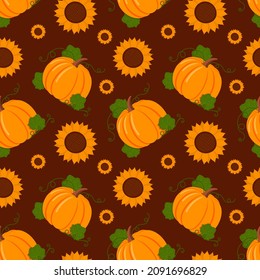 Seamless pattern with orange pumpkins and sunflowers on brown background. Flat vector illustration.