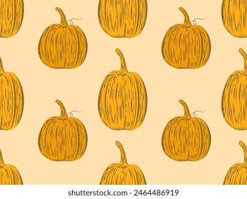Seamless pattern with orange pumpkins.Halloween or thanksgiving hand drawn background, ideal for seasonal textile prints, holiday banners, backdrops.Vector illustration EPS10