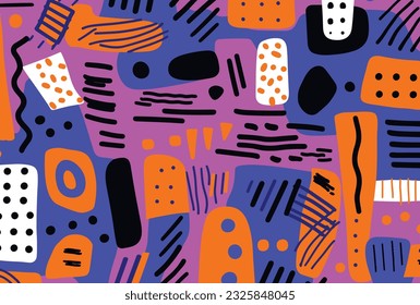 seamless pattern with orange, orange, purple and blue colors, in the style of geometric shapes patterns, spontaneous mark making, dark pink and navy, memphis design, simple shapes