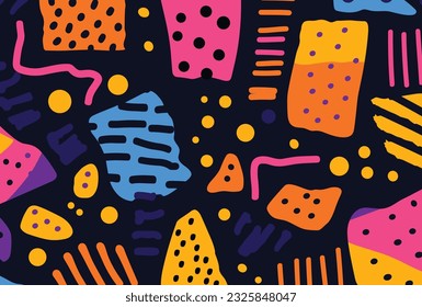 seamless pattern with orange, orange, purple and blue colors, in the style of geometric shapes patterns, spontaneous mark making, dark pink and navy, memphis design, simple shapes