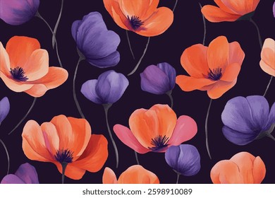 A seamless pattern of orange and purple flowers on a dark violet background, in the style of watercolor painting