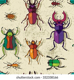Seamless pattern with a orange, purple, green beetles on beige grunge background. Vector illustration.