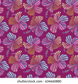 Seamless pattern in orange, purple and pink colors. Vector vintage seamless tropical hibiscus flowers.