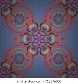 Seamless pattern of orange, purple and pink textured curls. Oriental style arabesques on blue backdrop. Vector brilliant lace, stylized flowers, paisley. Openwork weaving delicate, abstract background