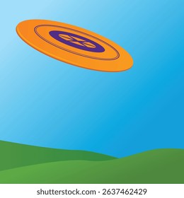 A seamless pattern of an orange and purple thrown disc golf disc flying through a clear sky with green hills in the background.