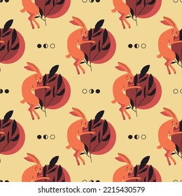 Seamless pattern with orange rabbit or hare, geometric abstract shape, doodle elements and plant. Chinese New year 2023 or easter animal symbol. Vector flat bunny yellow texture for textile, paper