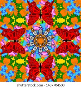 Seamless pattern with orange, red and blue flowers, watercolor floral pattern, cute flower, tileable for wallpaper, card or fabric. Vector - stock.