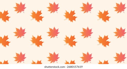 Seamless pattern with orange and red maple leaves on beige background. Autumn foliage repeat design. Vector illustration for fall wrapping paper, poster, banner, card, backgrounds