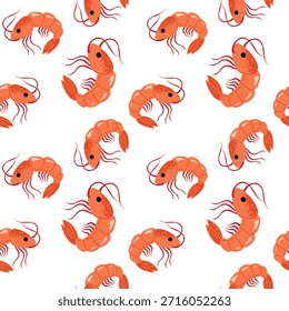 Nahtloses Muster mit orangen und roten Garnelen mit kleinen Texturen. Sauberes Meeresfrüchte-Design auf weißem Hintergrund. Perfekt für Menüs, Verpackung und Dekoration.