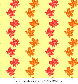 Seamless pattern of orange red silhouette maple leaves isolated on yellow background. Simple vector texture for fabric, invitations, home textiles. Concept of autumn, forest, leaf fall