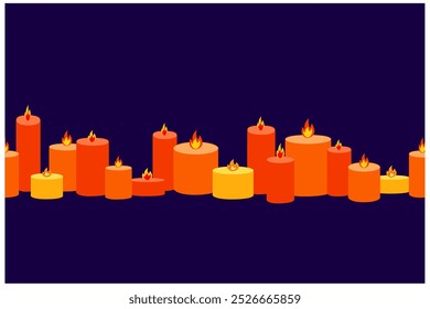 Seamless pattern with orange red and yellow candles in love leaned their flames towards each other Vector. halloween concept. purple background
