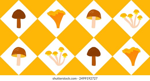 Seamless pattern with orange rhombuses and different mushrooms, for textile, fabric, wrapping paper