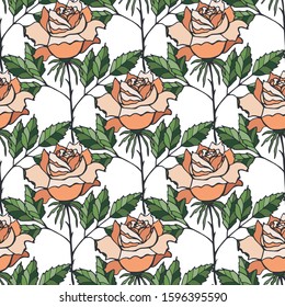 Seamless pattern of orange roses on the white background. Endless texture for your greeting cards, design, wedding announcements, textile, fabric.
