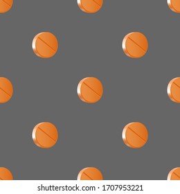 Nahtlose Muster orangefarbener runder Tabletten auf grauem Hintergrund, medizinischer Hintergrund für Kleidung und Gewebe