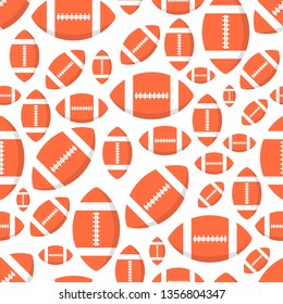 Seamless pattern with orange rugby or american football balls flat style design vector illustration isolated on white background. Rugby - popular sport game and ball - symbol of it.