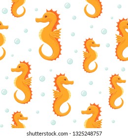 Seamless pattern with orange seahorse isolated on white background, illustration.
