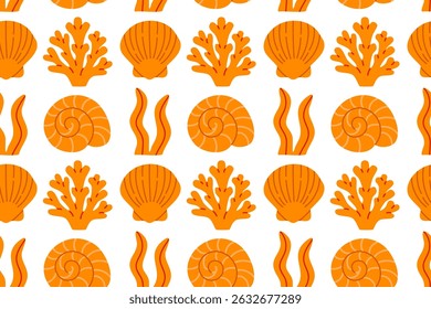 Seamless pattern with orange shells, corals, and stylized seaweed on a white background, perfect for marine textile or packaging