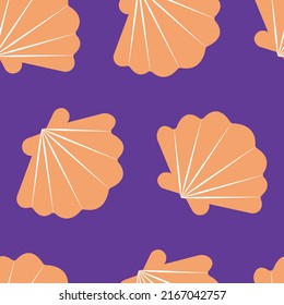 Seamless pattern with orange shells. Vector marine trendy print with purple background