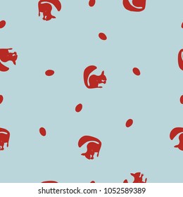 Seamless pattern orange silhouette of squirrel with nuts isolated on blue background, vector, eps 10