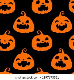 Seamless pattern with orange silhouettes of different Halloween pumpkins on black background. Vector illustration. For scrapbooking, gifts, fabrics, textile, background. Jack head.