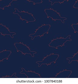 Seamless pattern from orange silhouettes of fish on a blue background