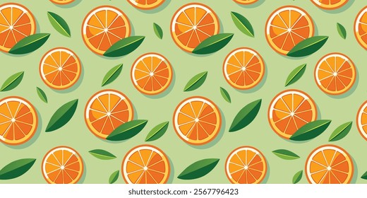 Seamless Pattern of Orange Slice Isolated on Green Background Vector Illustration Design. Tropical Fruits For Healthy Lifestyle