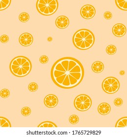 Seamless Pattern With Orange Slice On The Orange Background. Freshness Summer Season Concept. Design For Textile, Fabric, Decor, Wallpaper. Tropical Fruit Print Repeating. 