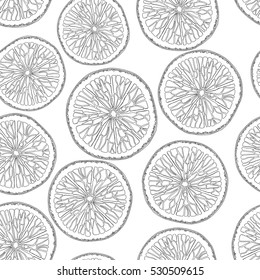 Seamless pattern with Orange slice on white background. Hand-drawn, doodle, vector, design element.  Black and white background. Made by trace from sketch. Coloring book page for adult and children.