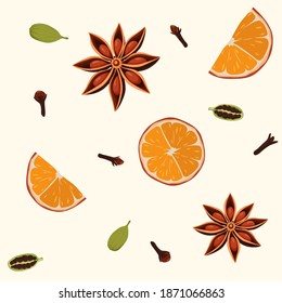 Seamless pattern with orange slices, anise stars, cardamom and cloves spice. Ingredients for winter warming drinks - spiced tea, mulled wine.