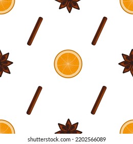 Seamless Pattern Of Orange Slices, Anise Star And Cinnamon Stick On White Background. Print For Kitchen Wallpaper. Spices Background.