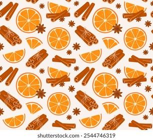 Seamless pattern with orange slices, cinnamon sticks tied with jute rope. Sweet cooking and bakery spices. Vector illustration in trendy minimalist cartoon style