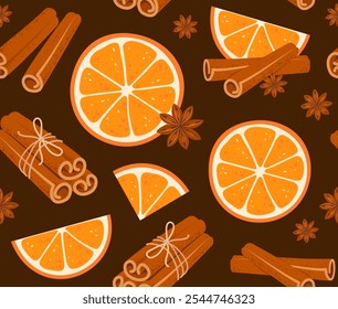 Seamless pattern with orange slices, cinnamon sticks tied with jute rope on brown background. Sweet cooking and bakery spices. Vector illustration in trendy minimalist cartoon style