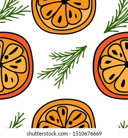  Seamless pattern, orange slices and fir branches. Hand-drawn, holiday concept vector illustration. Suitable for paper, packaging, cover, background, design.