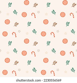 seamless pattern with orange slices, leaves and candy