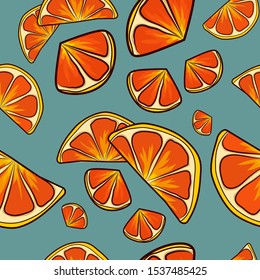 Seamless pattern of orange slices. New year pattern with oranges. Orange slices drawn by hand.Vector pattern.